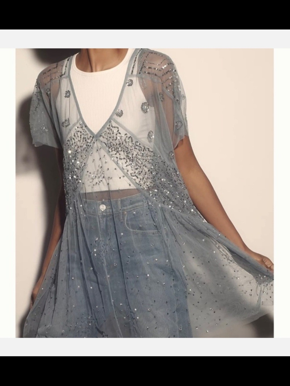 Anthropologie Sheer Embellished Sky Blue Tunic Top - Picture 2 of 6